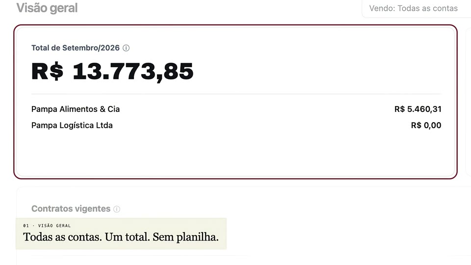Tela Visão geral do portal do cliente: o total do mês em reais e o valor de cada empresa do grupo, com dados fictícios.